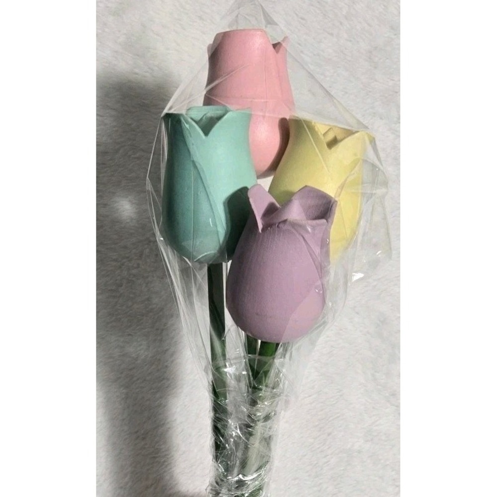 Vintage Handcrafted Wooden Tulips Painted Matte Pastel Colors Set Of 4
